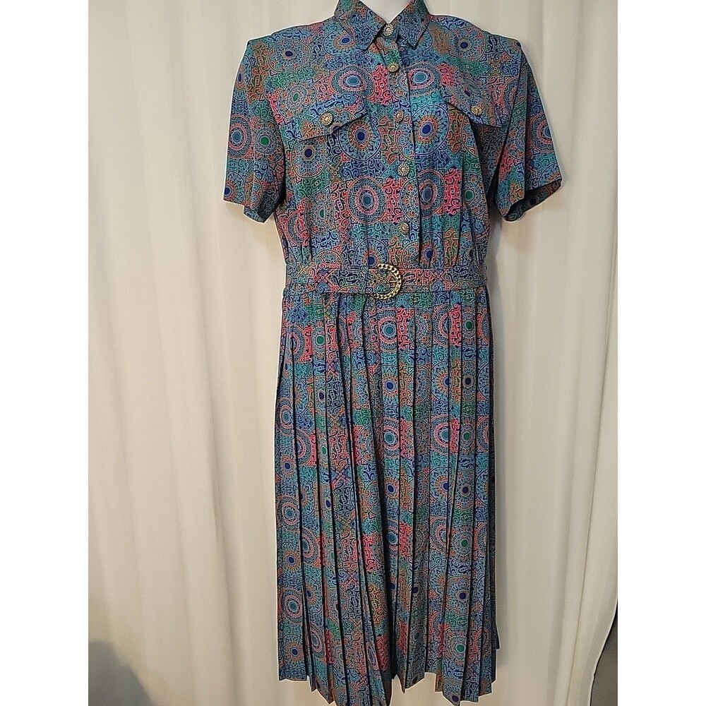 Leslie Fay Dress Vintage Pleated Dress Multicol Colorful Pattern Women's Size 14